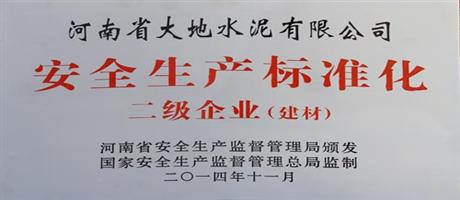 河南省大地水泥有限公司榮獲安全生產(chǎn)標(biāo)準(zhǔn)化二級(jí)企業(yè)